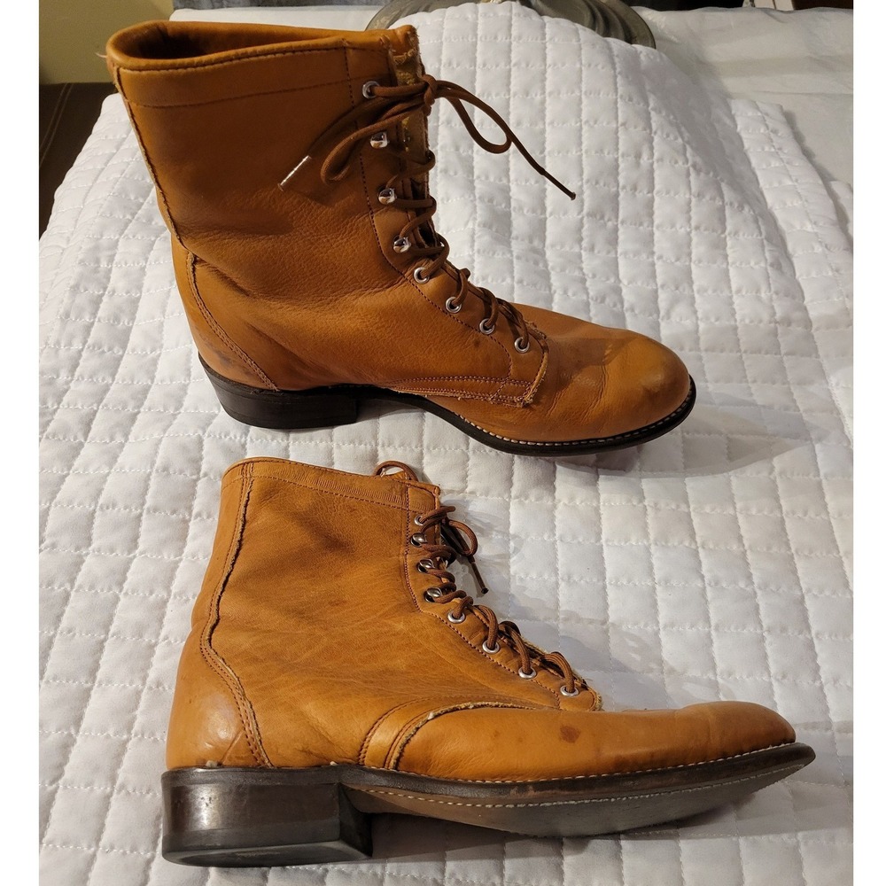 VTG 90s Laredo Women's Tan Leather Lace-Up Boots Western Cowgirl Workwear Rustic